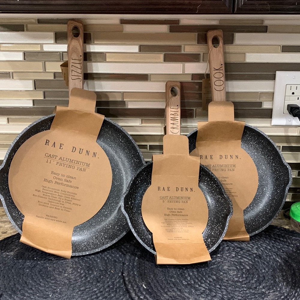Rae Dunn 3 pc frying pan in black w/ white speckled in the exterior/ interior.